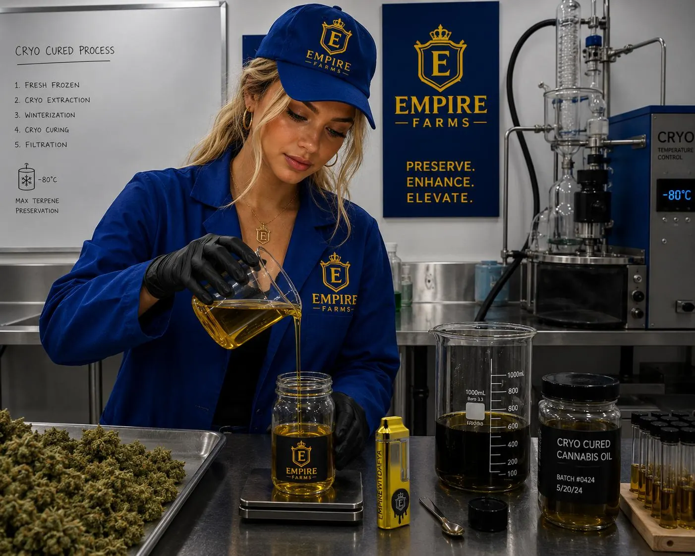 Empire Farms technician pouring golden cannabis oil in the extraction lab beneath the Cryo Cured process board