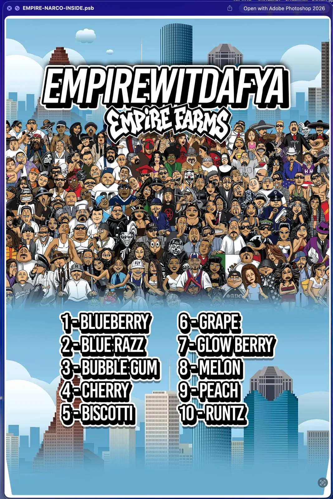 EMPIREWITDAFYA flavour board listing the ten core Empire Farms disposable flavours