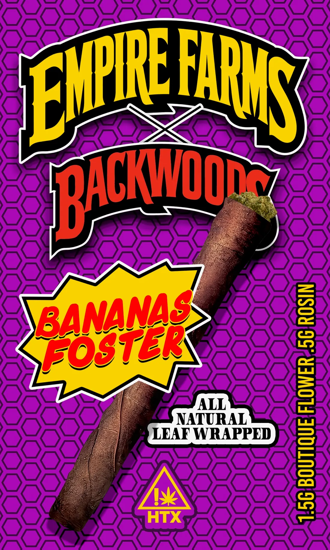 Empire Farms x Backwoods Bananas Foster infused pre-roll packaging, 1.5g boutique flower with 0.5g rosin
